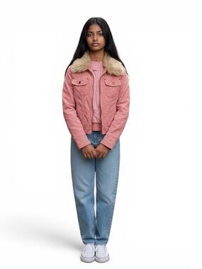 Girls Faux Fur Trim Jackets - Salmon Pink and Brown